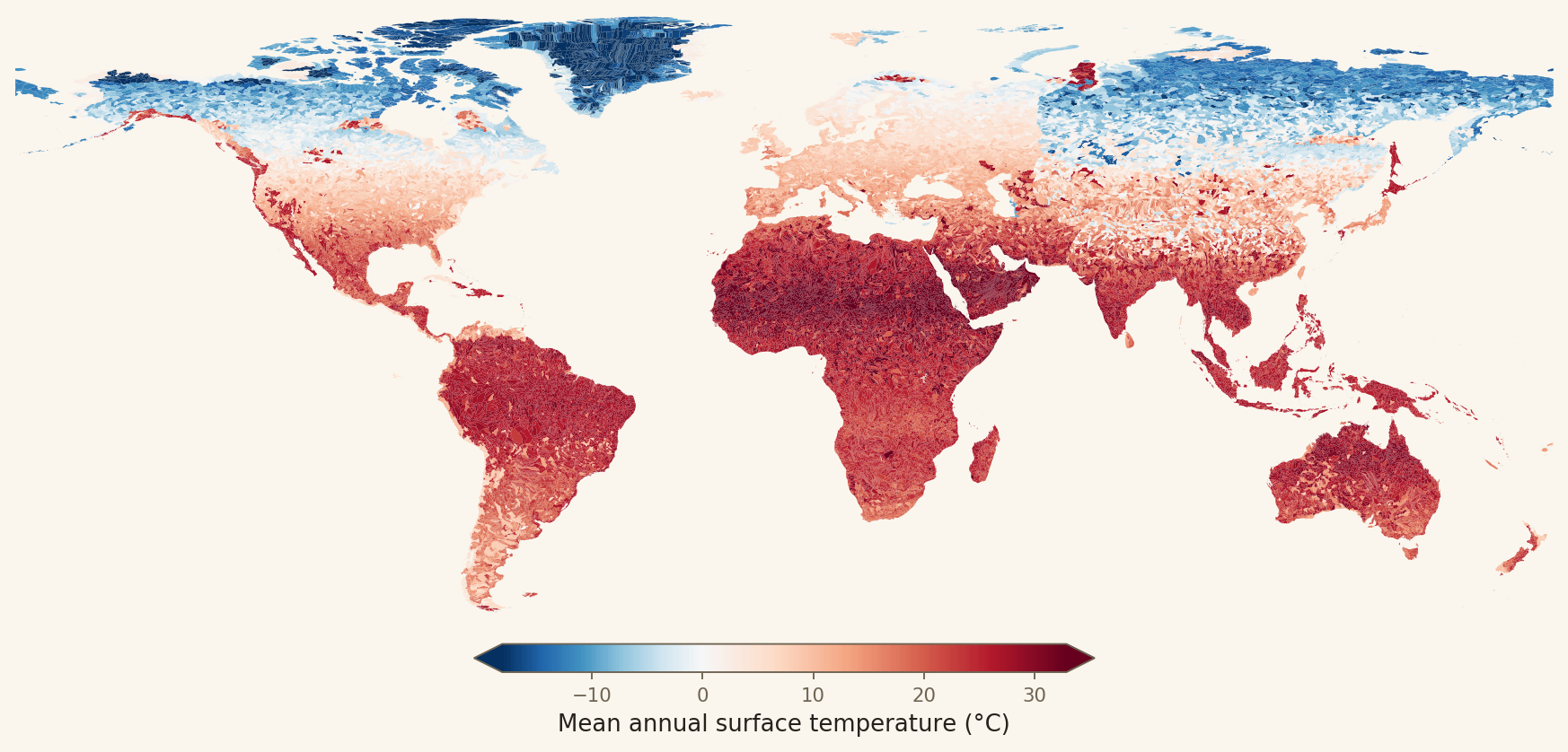 Global map of mean annual surface temperature per basin