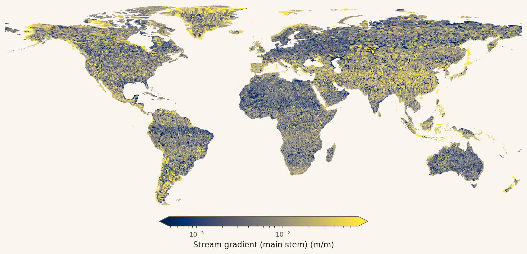 Global map of stream gradient per basin, logarithmic scale