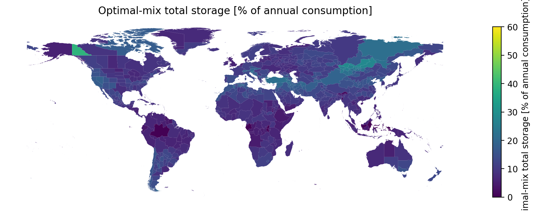 World map of the optimal solar+wind storage requirement by region